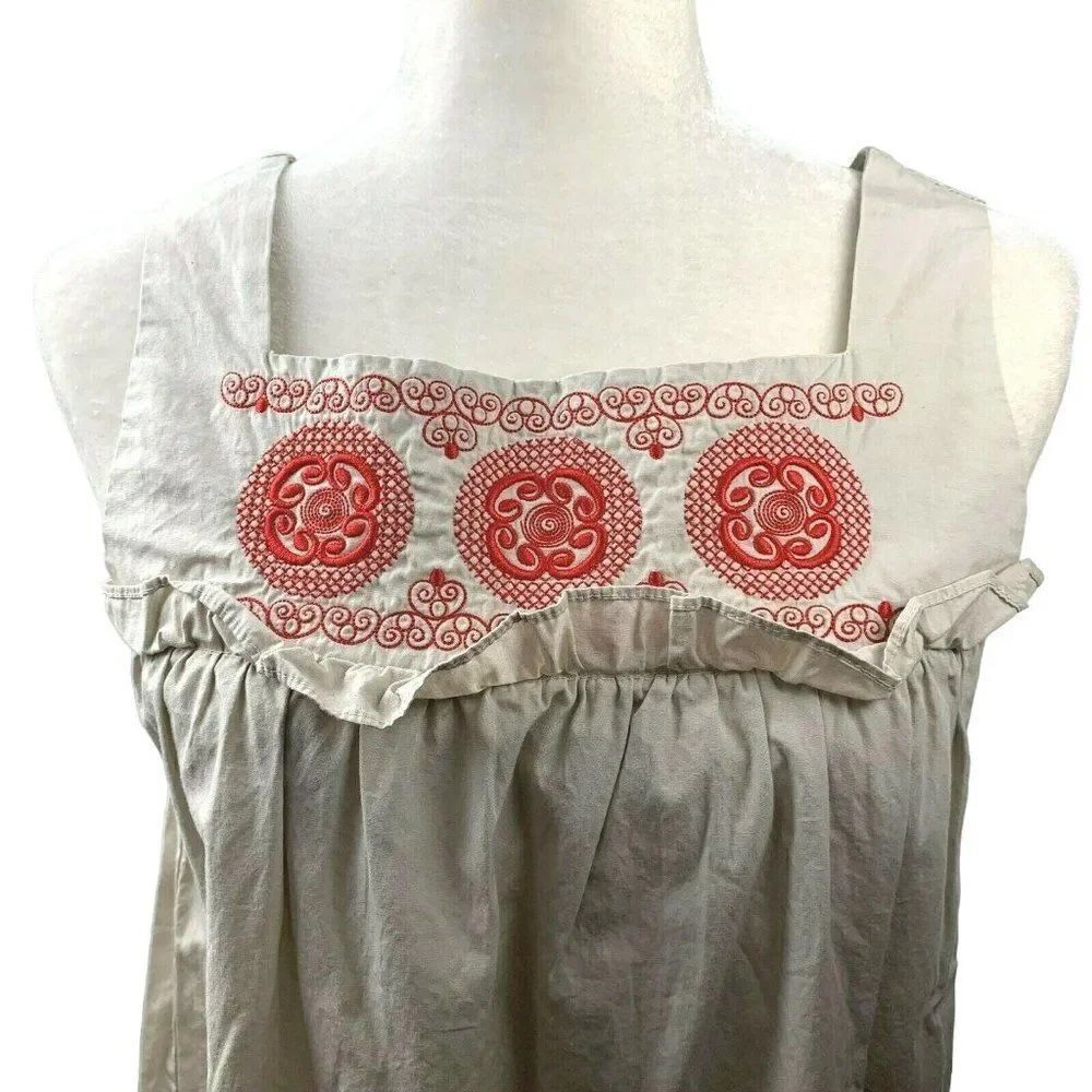Stella Forest Embroidered Tank Top Dress S Khaki Red Ruffle Hem Square Neck